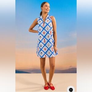 Avara Blue and White Shell Lobster Print Dress Small NWT